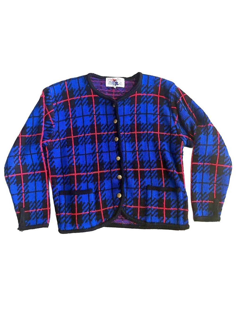 Tally-Ho Blue and Red Plaid Knit Cardigan Size M